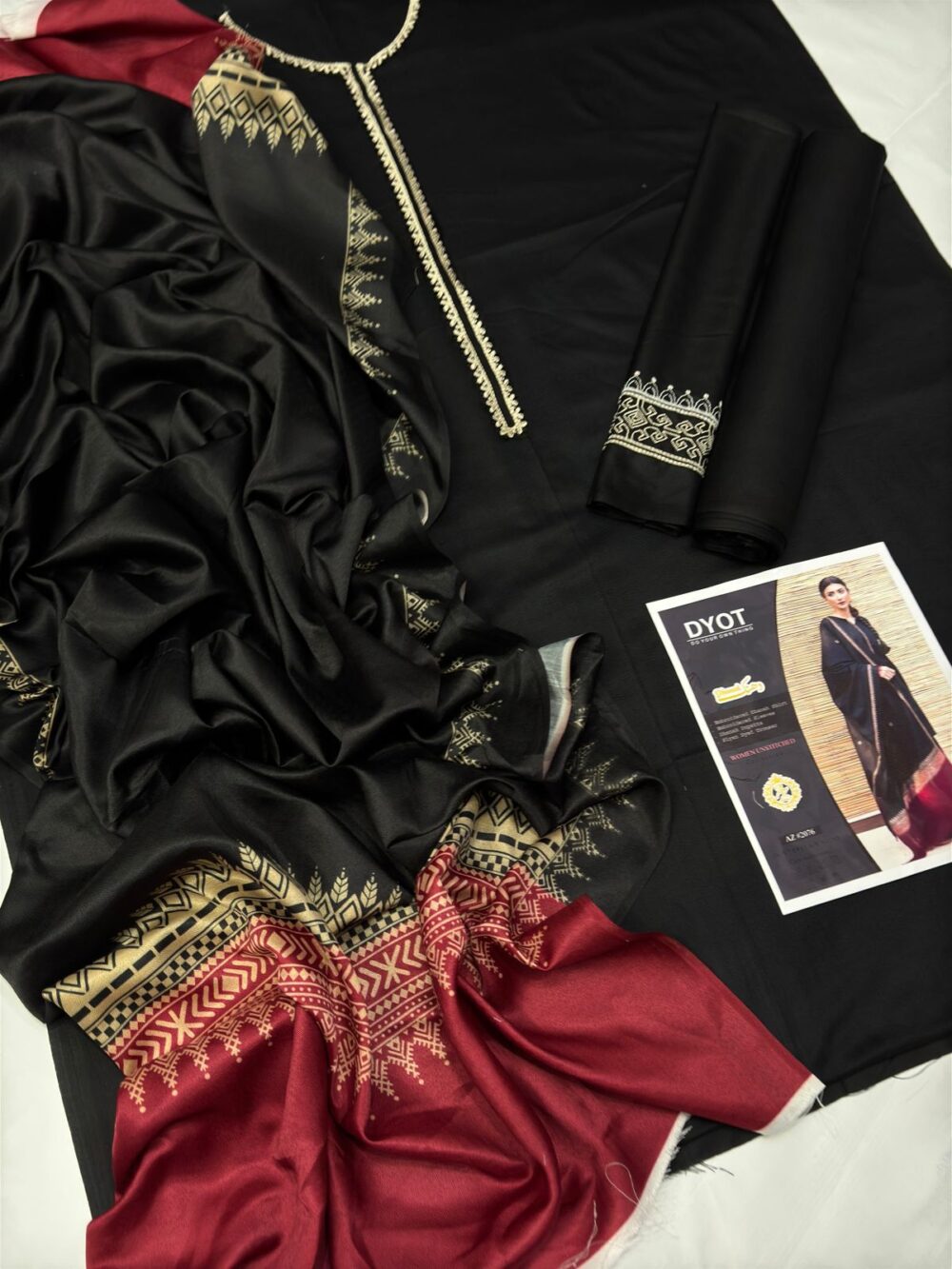 3PC Black Dhanak Embroidered Suit - Image 2