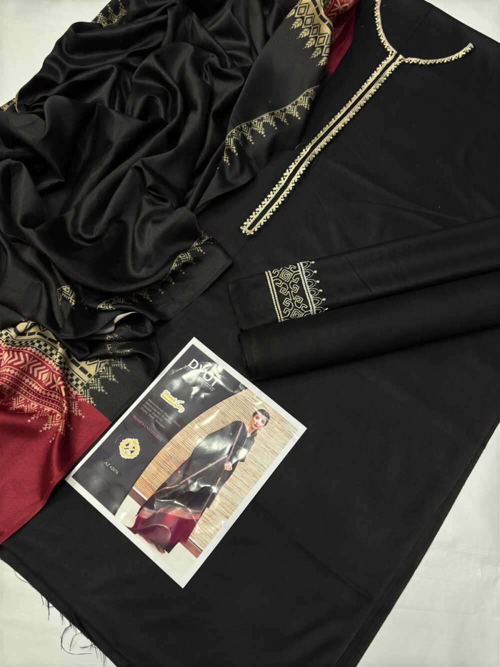 3PC Black Dhanak Embroidered Suit - Image 3