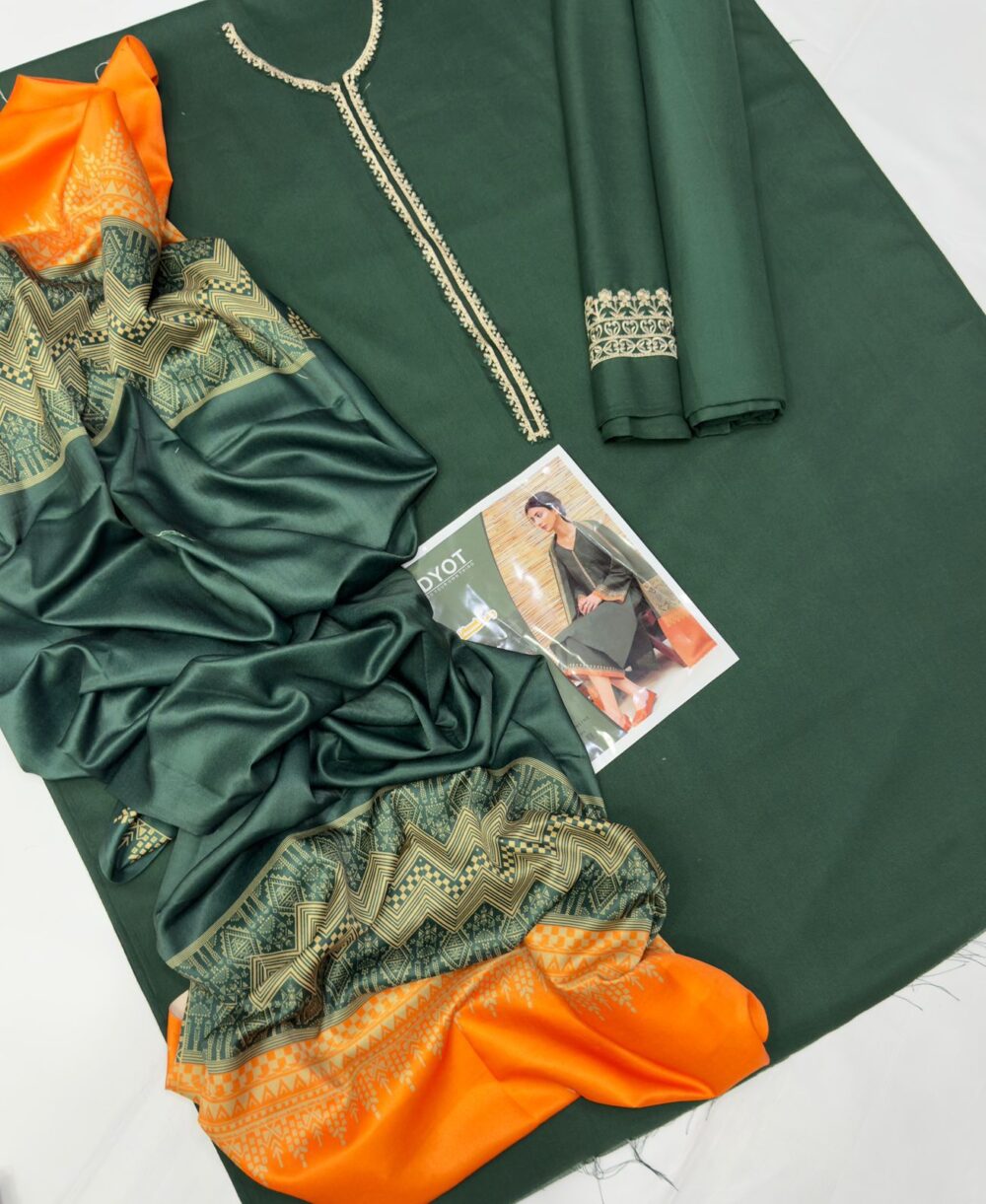 3PC Green Dhanak Embroidered Suit - Image 3